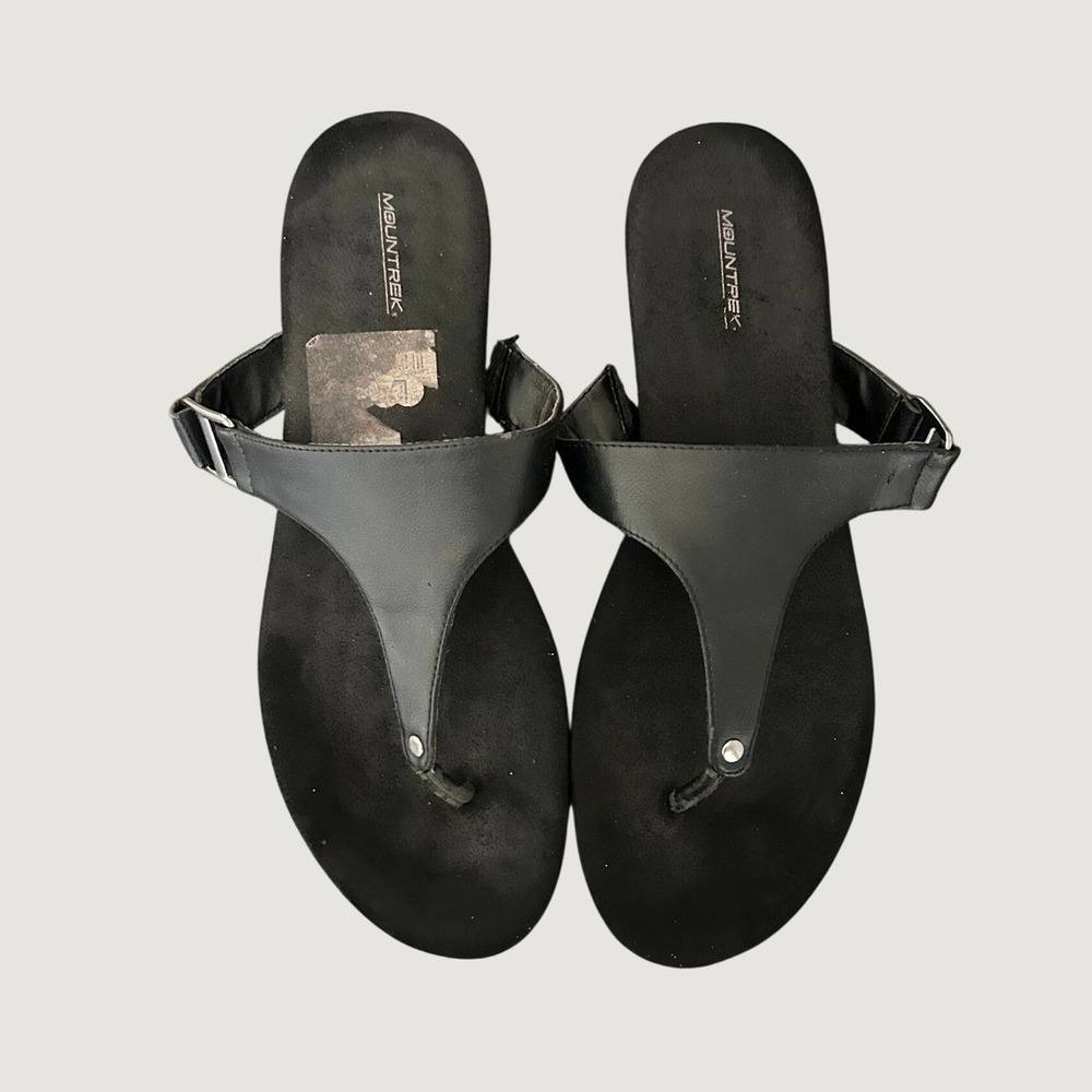 Mountrek Womens Black Thong Sandals Wedge Platform Buckle Strappy Slides Size 7